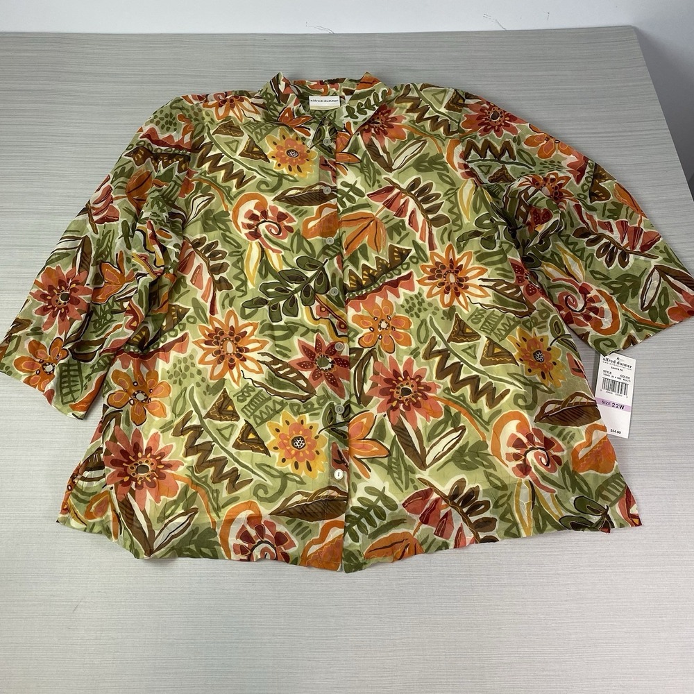 Alfred Dunner Button Up Blouse Women's 22W Green Floral Short Sleeve NWT